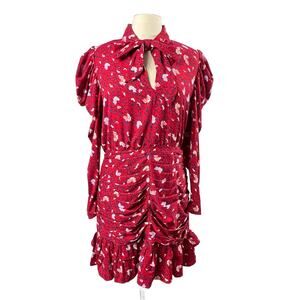 WALTER BAKER Kiara Tie Neck Ruched Floral Print Crepe de Chine Mini Dress Red